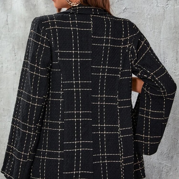 Plaid grid lapel notched collar blazer slit arm tweed black white preppy - Picture 2 of 3
